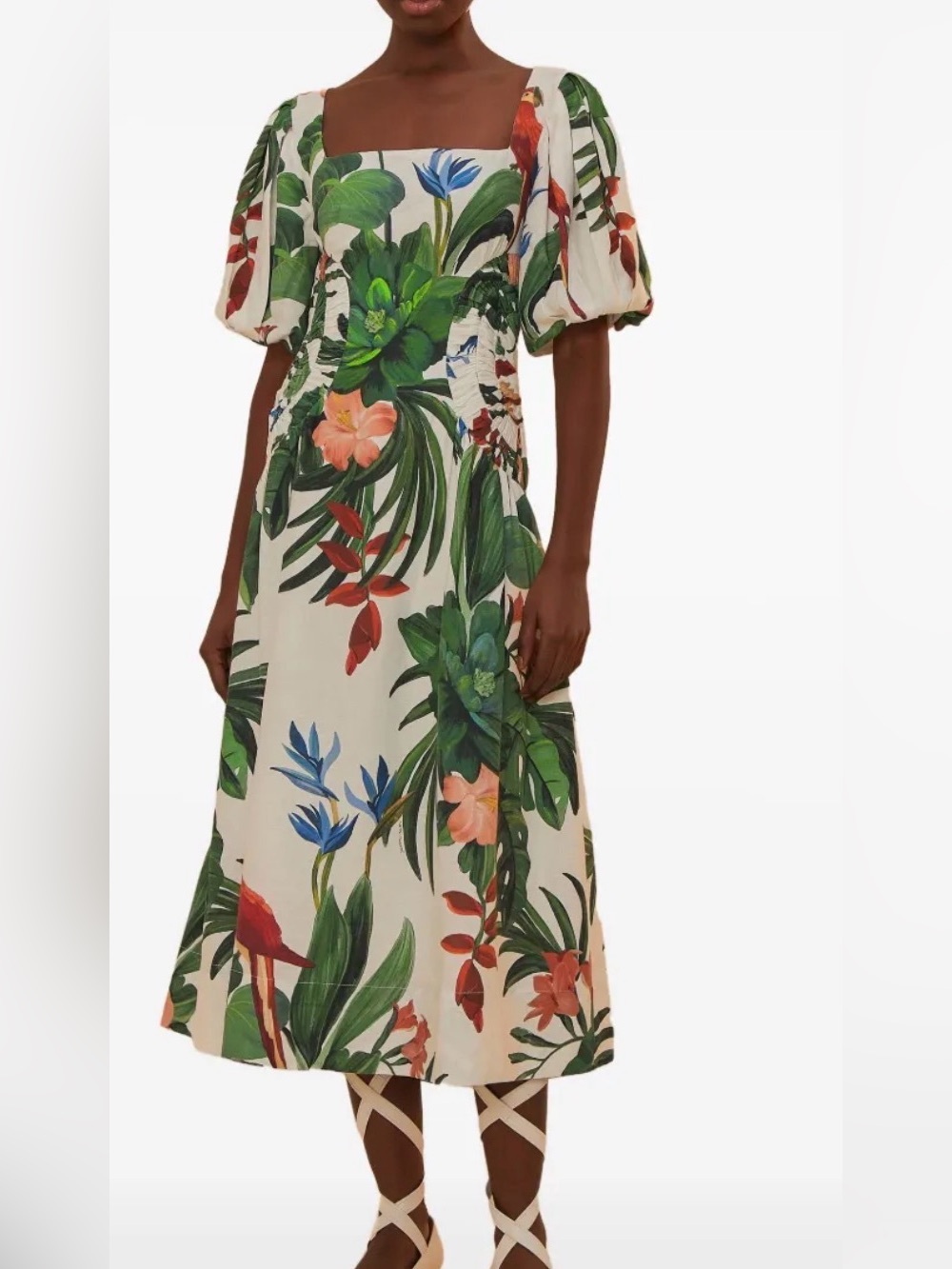 FARM Rio Cream Midi Dress with Green, Red and Coral Tropical Print - Picture 1 of 5